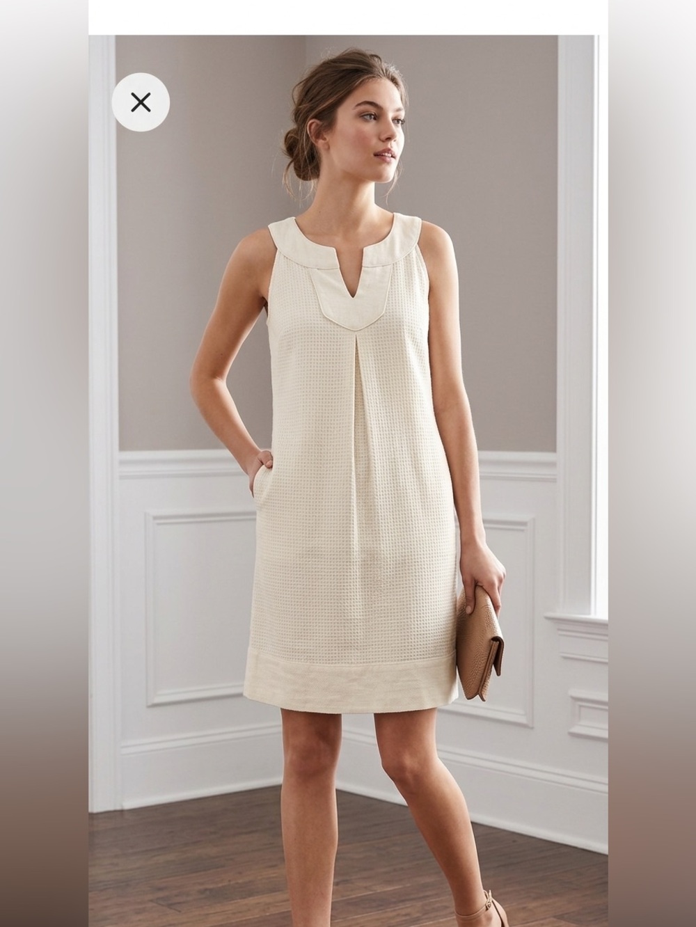 LOFT 100% Cotton Cream Textured Linen Blend Split Neck Shift Mini Dress • Size 6